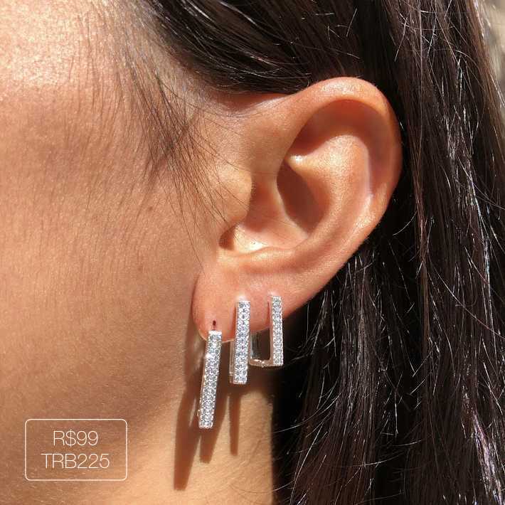 Trio Argola Quadrada Cravejada 2 Carreiras Cristal Prateado